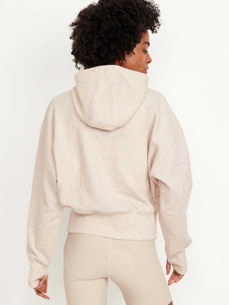 drawstring hood long blouson sleeves thumbhole cuffs rib-knit trim pullover style loose fit hits at hip models are approx.  5'9" and wear sizes s (4), l (12) and xl (18)machine wash according to the care instruction label Comfortable Long-sleeve Hoodie With Drawstring Hood, Athleisure Funnel Neck Sweater, Relaxed Fit Hooded Sweater With Ribbed Cuffs, Hooded Sweater With Ribbed Cuffs And Relaxed Fit, Cozy Fit Activewear With Drawstring Hood, Cozy Stretch Sweatshirt With Drawstring Hood, Cozy Relaxed Fit Activewear For Winter, Cozy Relaxed Fit Winter Activewear, Fall Sportswear Sweatshirt With Ribbed Waistband