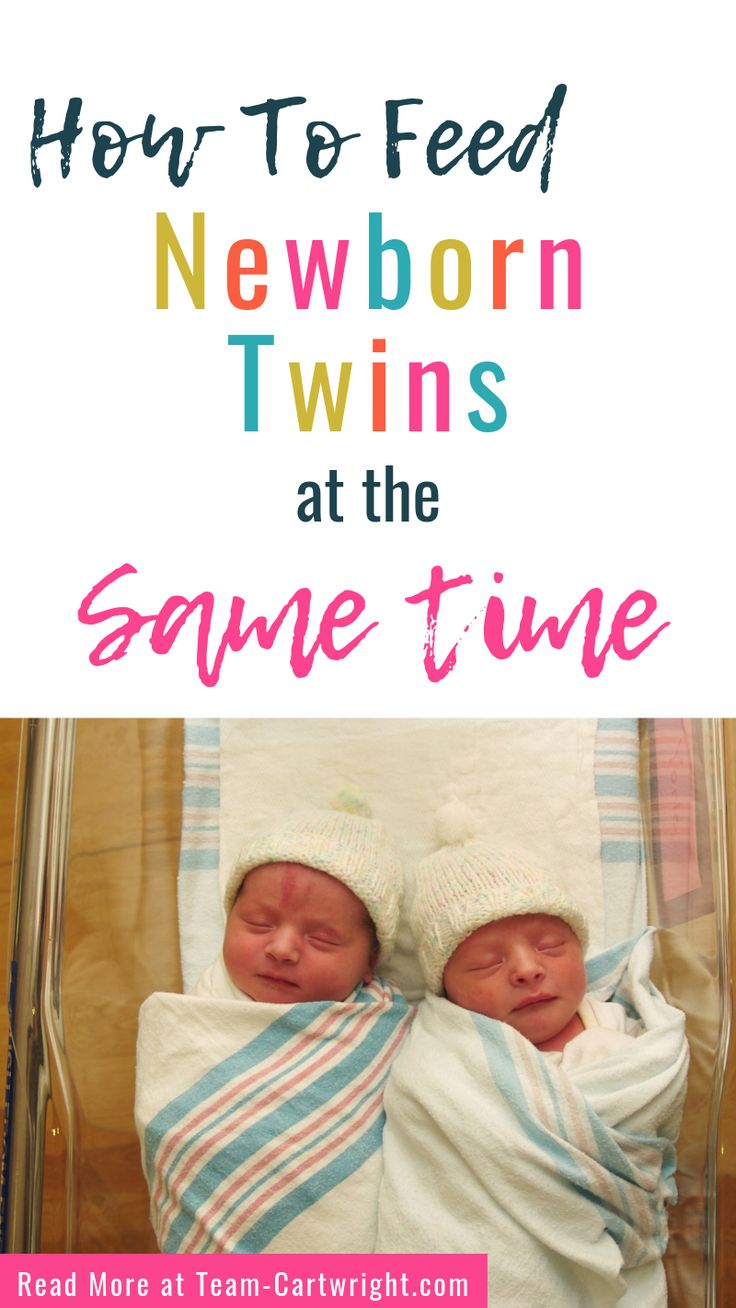 two newborn twin babies wrapped in blankets with text overlay how to feed newborn twins at the same time