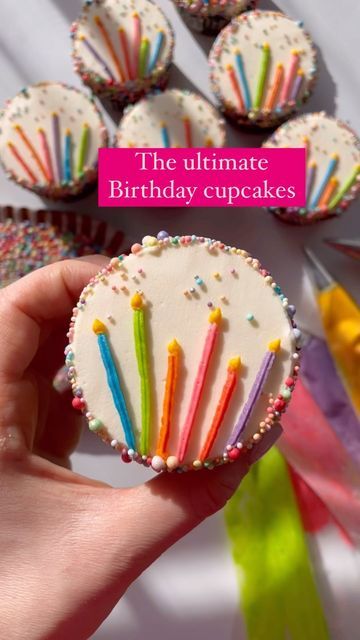 the ultimate birthday cupcakes are decorated with sprinkles and colorful candles