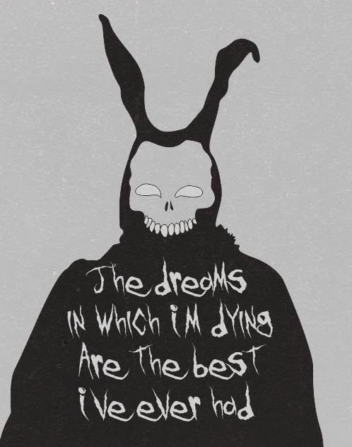 a black and white drawing of a person wearing a bunny mask with the words,'the dreams in which i'm dying are the best i ever had '