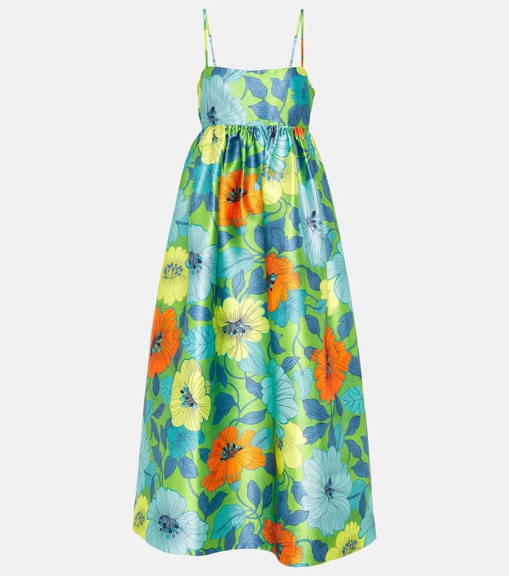 Floral satin midi dress in multicoloured - Alemais | Mytheresa Green Midi Dress With Adjustable Straps, Silk Midi Dress For Garden Party, Midi-length Satin Dresses For Garden Party, Silk Party Midi Dress With Adjustable Straps, Spring Evening Midi Dress With Tie Straps, Silk Midi Dress With Adjustable Straps For Party, Floral Print Satin Midi Dress For Summer, Green Floral Print Satin Dress, Silk A-line Midi Dress For Vacation