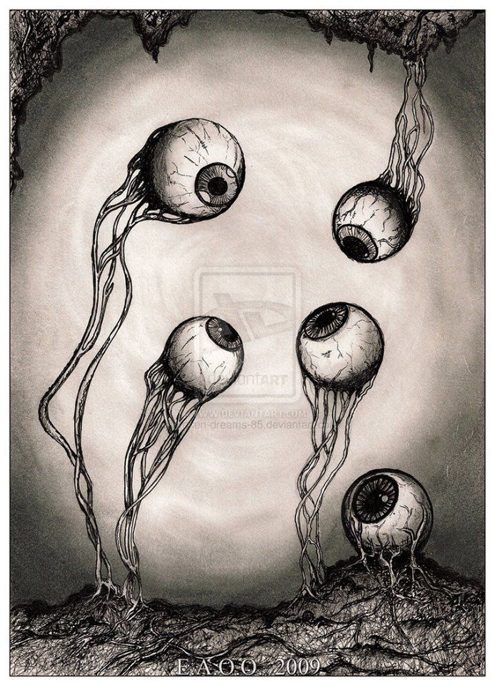 an ink drawing of three jellyfishs floating in the water with their heads turned upside down