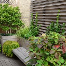 a wooden bench sitting in the middle of a garden next to a wall with plants