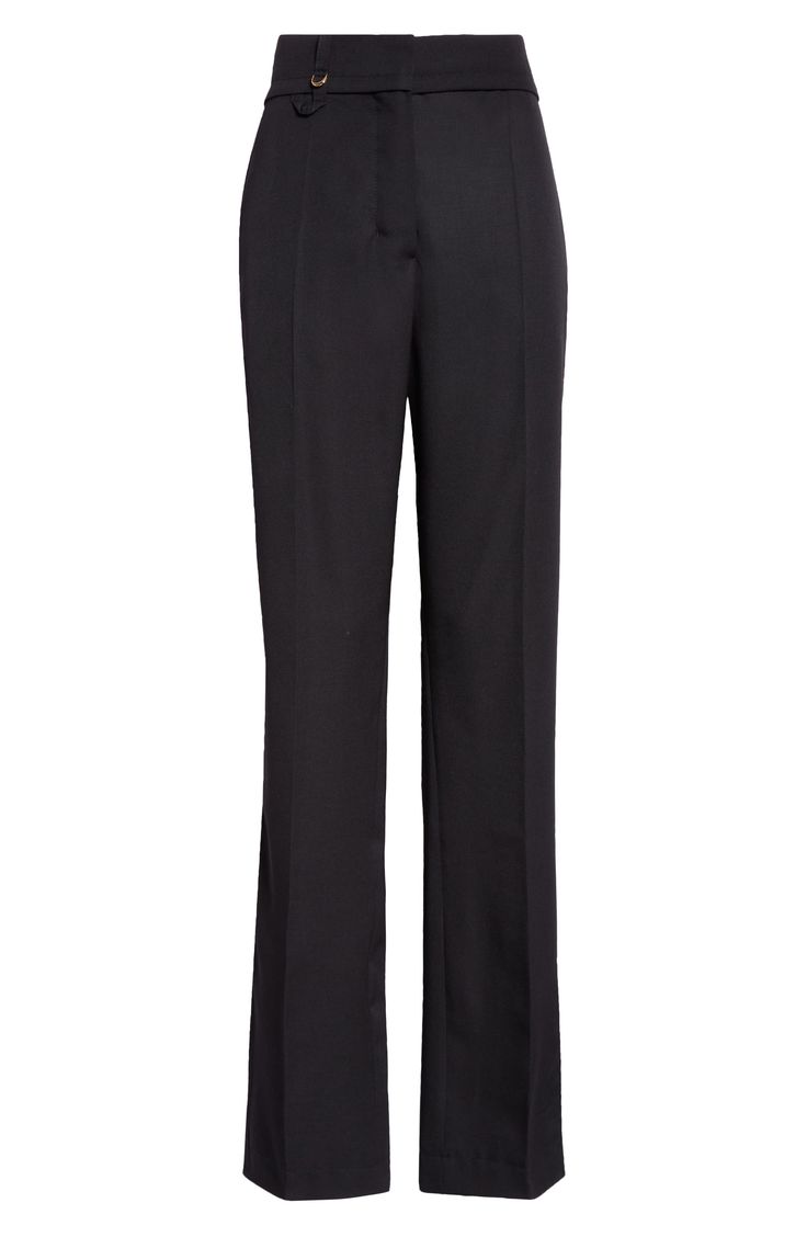 Crisp creases further the polished look of these high-waisted wool straight-leg pants designed with long slits at the hems. 34 1/2" inseam; 17" leg opening; 13 3/4" front rise; 16 1/2" back rise (size 42 FR) Zip fly with hook-and-bar closure Front slant pockets; back welt pockets 100% wool Dry clean Made in Bulgaria Designer Clothing Wool Straight Leg Evening Bottoms, Wool Straight Leg Dress Pants For Office, Chic Wool Wide Leg Pants With Straight Hem, Elegant Wool Wide Leg Pants With Straight Hem, Wool Straight Pants For Evening, Classic Wide-leg Work Pants For Formal Occasions, Tailored Elegant Work Pants With Straight Hem, Elegant Tailored Work Pants With Straight Hem, Tailored Straight Hem Evening Pants