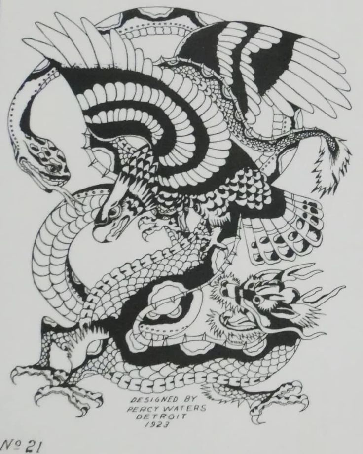 a black and white drawing of a dragon with two smaller snakes on it's back