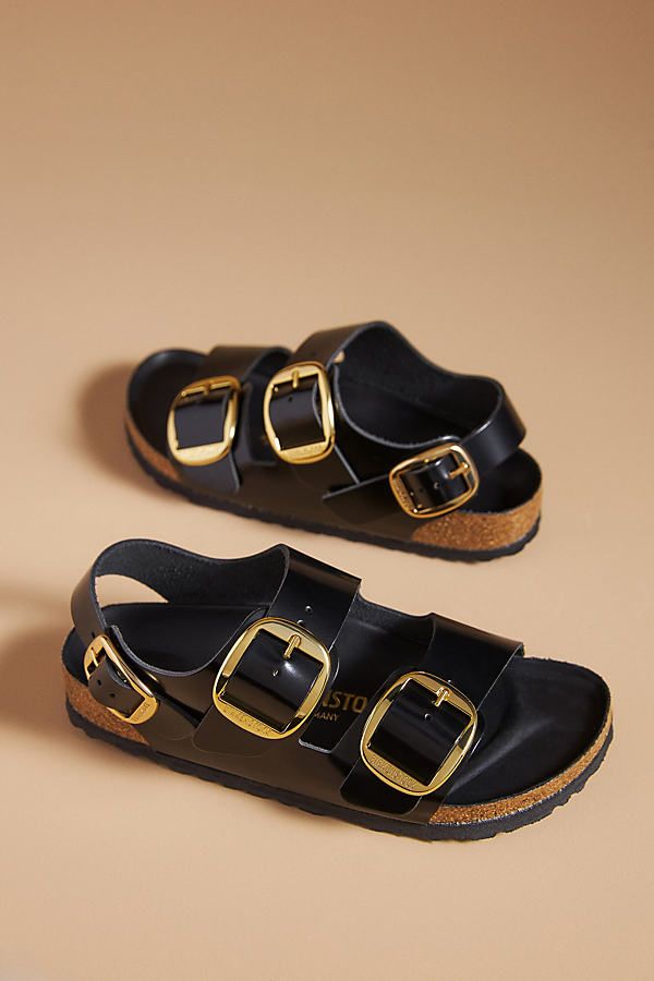 You’re a shoe -in for incredible style and comfort when you slip on Birkenstock®. (P.S. it’s our favorite step when putting together an OOTD)! | Milano Big Buckle High Shine Sandals by Birkenstock in Black, Women's, Size: 40, Leather/Metal/Tin at Anthropologie Sandles Spring 2024, Birkenstock Sandals Women, Comfort Shoes Women, Chic Sandals, Trending Sandals, Womens Summer Shoes, Birkenstock Sandals, Birkenstock Milano, Buckle Sandals