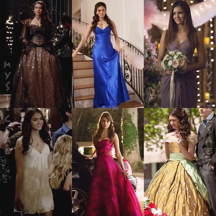 many different dresses are shown in this collage, including prom gowns and bridesmaid dresses