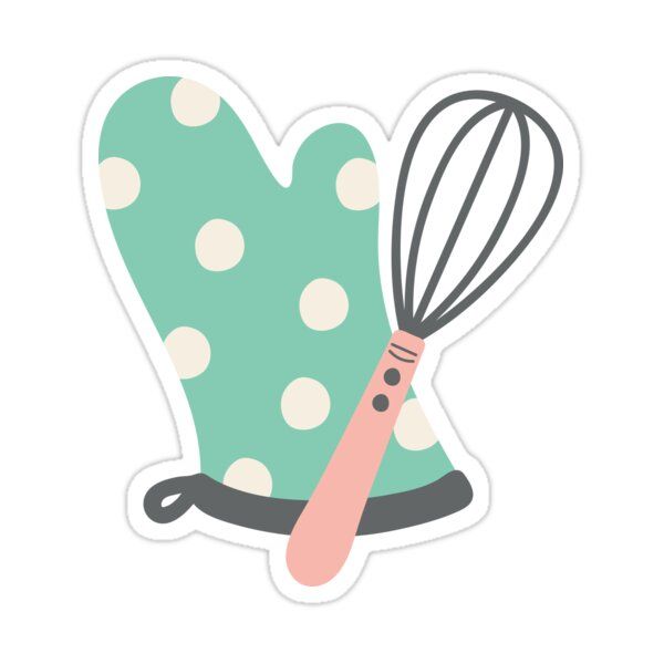 an oven mitt with a whisk in it and polka dots on the back