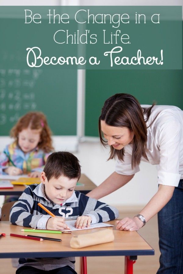 a woman helping a child write in a book with the words, be the change in a child's life become a teacher