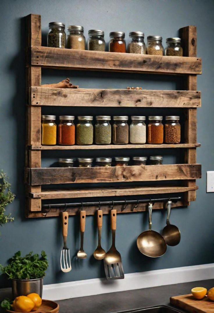 43 Aesthetic Kitchen Ideas to Transform Your Space Tiny Kitchen Backsplash Ideas, Rustic Kitchen Accessories, Farmhouse Spice Rack Ideas, Rustic Spice Rack Ideas, Wall Spice Rack Ideas Diy, Kitchen Spice Rack Ideas, Diy Spice Rack Ideas, Kitchen Wall Shelf Ideas, Aesthetic Kitchen Ideas