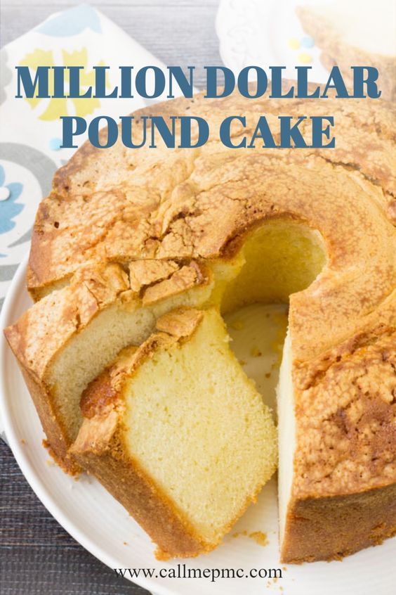 a pound cake on a white plate with the words million dollar pound cake cut in half