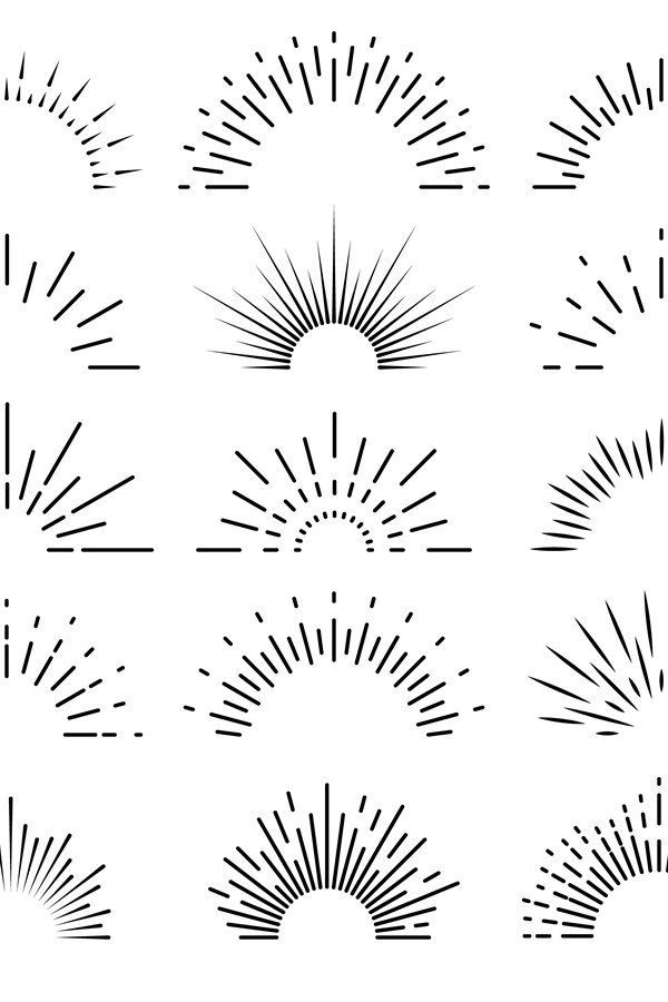 sunbursts are drawn in black and white on a white background, each with different shapes