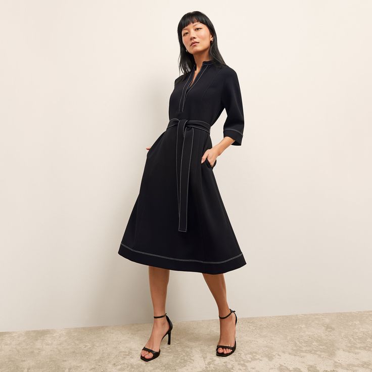 Lauleh Dress - Everyday Crepe :: Black Chic Mid-length Belted Dress, Chic Mid-length Shirt Dress For Work, Chic Belted Midi Dress With 3/4 Sleeves, Belted A-line Shirt Dress For Work, Long Sleeve Belted Dresses For Work, Belted Midi Length Work Dresses, A-line Dress With Belted Cuffs For Work, Elegant Belted Midi Dress With 3/4 Sleeves, V-neck Belted Dress With Belted Cuffs For Work