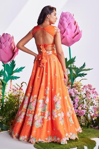 Orange attached cancan lotus printed lehenga embroidered with sequin and beads. Paired with padded blouse and dupatta embroidered with sequin, beads. - Aza Fashions Fitted Sharara With Printed Motifs For Reception, Digital Print Lehenga For Reception And Navratri, Navratri Reception Lehenga With Digital Print, Festive Choli With Digital Print For Reception, Silk Lehenga With Digital Print For Reception, Fitted Digital Print Dress For Reception, Summer Festive Lehenga With Printed Motifs, Fitted Digital Print Choli For Festive Occasions, Fitted Digital Print Sharara For Wedding