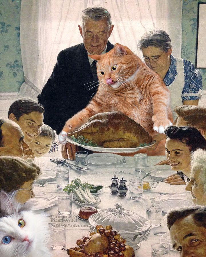 a painting of people and cats at a table with a turkey in the middle, while an older man looks on