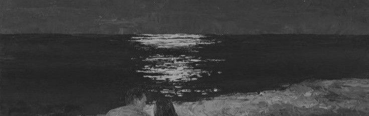 a black and white photo of a person sitting on the beach at night with the moon in the sky