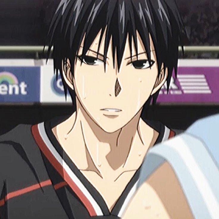 an anime character with black hair wearing a jersey