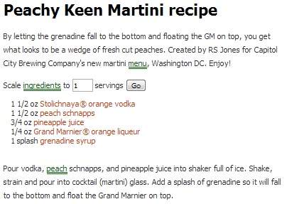 the recipe for peachy ken martini recipe is shown in this screenshote