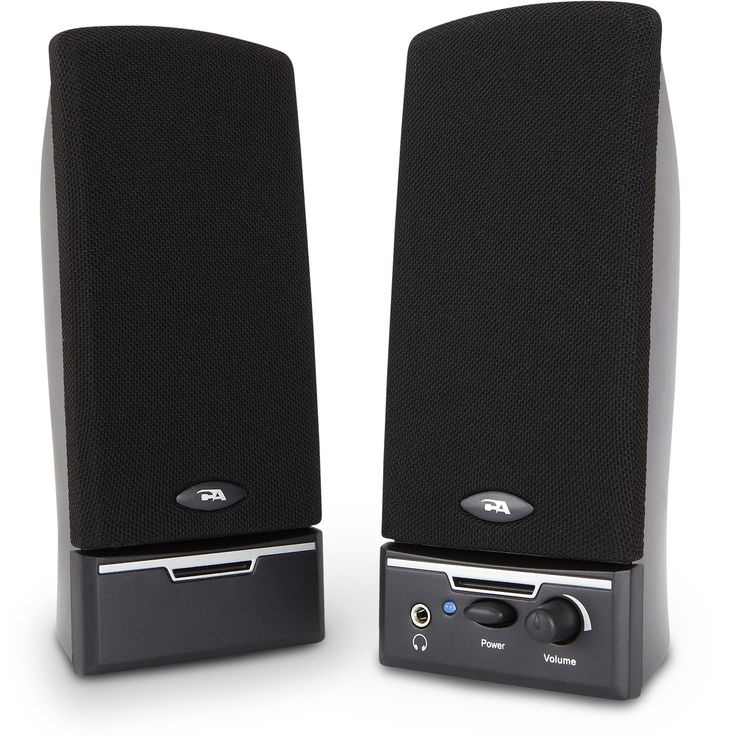 two black speakers sitting next to each other