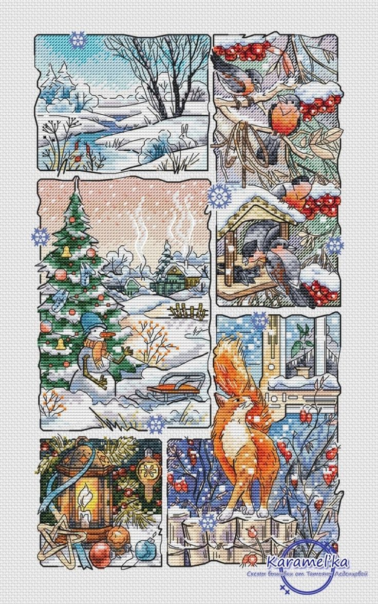 the cross stitch pattern for christmas is shown in four different pictures, including a red fox and