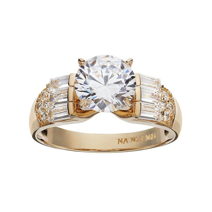 Add unique sparkle to your look with this 10k gold ring. Round-cut cubic zirconia stones and cubic zirconia baguettes make this ring a one-of-a-kind beauty you're sure to love.RING DETAILS Width: 8 mm Metal: 10k gold CUBIC ZIRCONIA DETAILS Cut: round, baguette Setting: prong  Size: 5. Color: White. Gender: female. Age Group: adult. Dazzling Cubic Zirconia Ring With Baguette Diamonds, Glamorous Cubic Zirconia Diamond Ring With Prong Setting, Glamorous Diamond Cut Cubic Zirconia Rings, Cubic Zirconia Diamond Ring With Baguette Diamonds, Cubic Zirconia Cluster Ring With Baguette Cut, Baguette Cut Diamond Ring With Channel Set Cubic Zirconia, Baguette Cut Cubic Zirconia Diamond Ring With Channel Set, Dazzling White Topaz Baguette Cut Diamond Ring, Channel Set Diamond Ring With Baguette Cut Cubic Zirconia