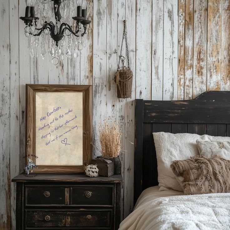 a bedroom with an old fashioned bed and chandelier hanging from the wall above it