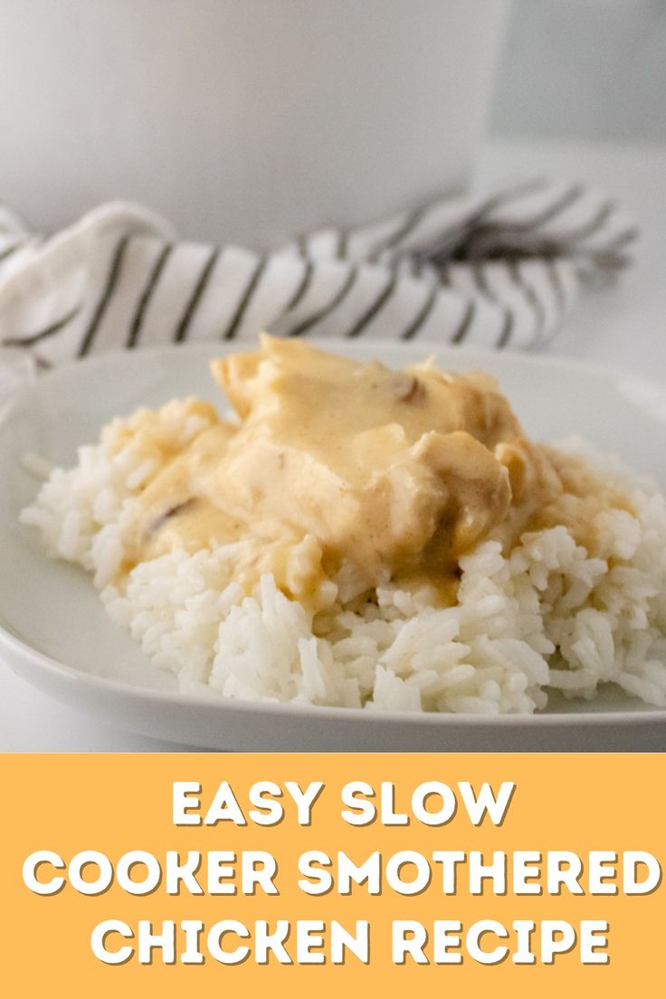 easy slow cooker smothered chicken recipe on a white plate with text overlay