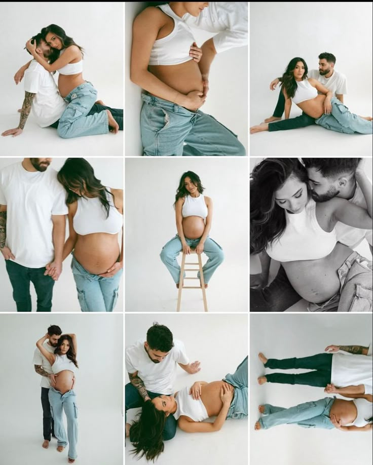 a man and woman are posing in different poses with their baby bumps on the belly