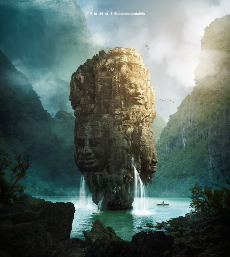 an image of a waterfall coming out of the face of a giant head in water