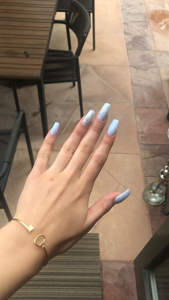 Light Blue Nail Inspo Coffin, Medium Blue Nails Acrylic, Long Light Blue Acrylic Nails, Light Blue Acrylic Nails Coffin Medium, Nails For Sky Blue Dress, Silver Light Blue Nails, Light Blue Sparkly Acrylic Nails, Light Blue And Silver Nails Acrylic, Blue Glittery Acrylic Nails