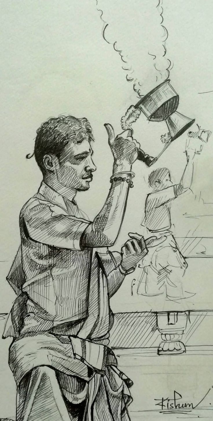 a drawing of a man holding a lighter in one hand and an object in the other