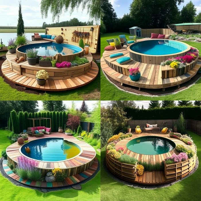 an above ground pool surrounded by wooden decking and seating around the pool is shown in three different views