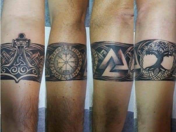 three different tattoos on the legs of men with an anchor, compass and other symbols