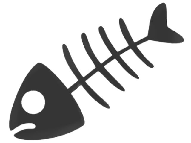 a black and white image of a fish skeleton with an arrow in it's mouth