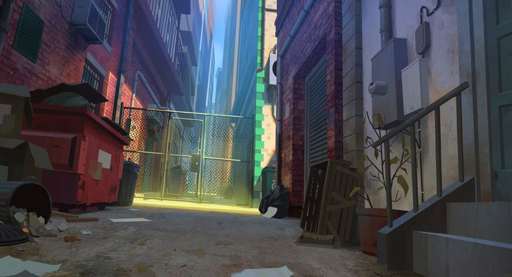 an alley way with buildings and trash cans on the ground in front of it,