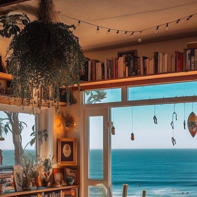 Hippy Beach House, Beach Bungalow Aesthetic, Boho Beach House Aesthetic, Beachy Boho House, Bohemian Beach House Living Room, Witchy Beach House, Old Beach House Aesthetic Interior, Beach House Library, Hippy Beach Aesthetic