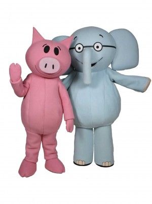 an elephant and pig mascot standing next to each other in front of a white background