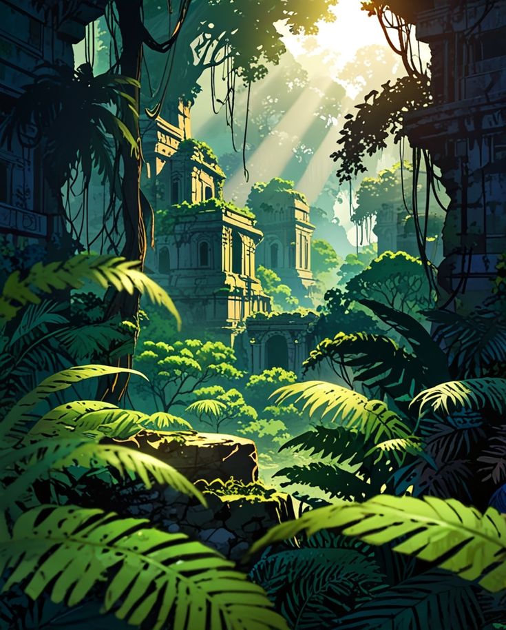 an image of a jungle scene with sunbeams coming through the trees and buildings