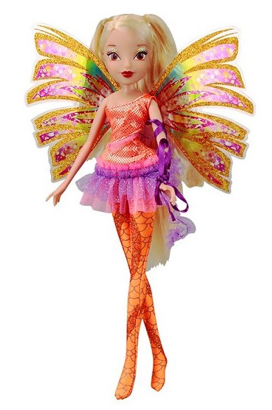 the doll is wearing an orange and pink dress with yellow butterflies on it's wings