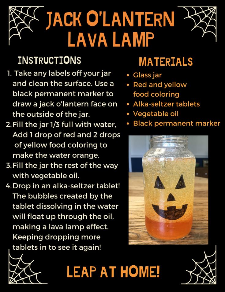 the instructions for making jack o lantern lava lamp in a jar with pumpkins on it