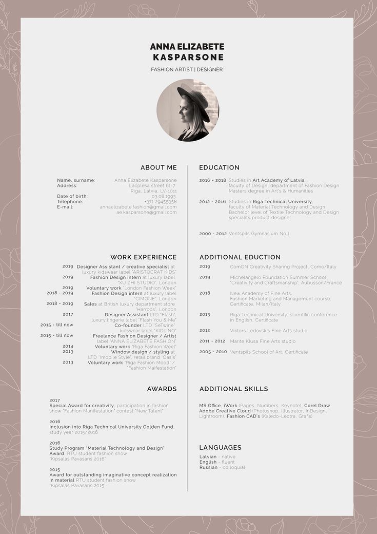 a professional resume template with an elegant floral pattern on the front, and a pink background