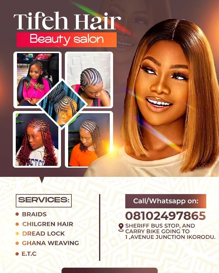 a flyer for a hair salon with an image of a woman