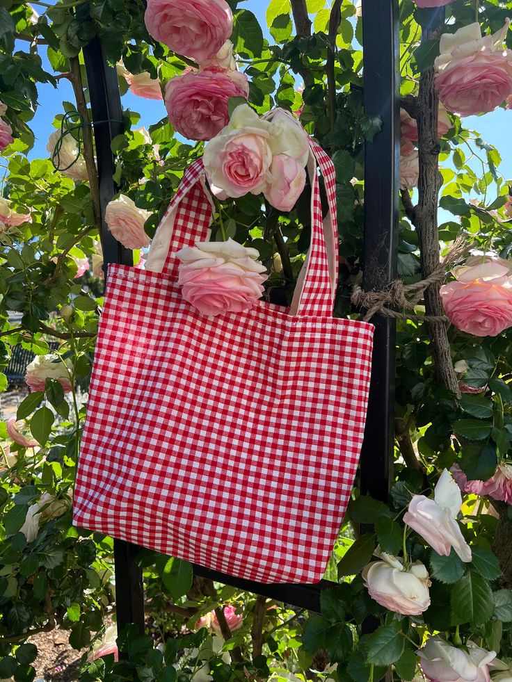 Handmade tote Bag! Great for a picnic or everyday grocery shopping. Eco-friendly Tote Beach Bag For Picnic, Picnic Tote Bag With Handles, Red Spring Picnic Bag, Eco-friendly Tote Shoulder Bag For Picnic, Plaid Rectangular Shopping Bag, Handmade Tote Bag, Everyday Tote Bag, Handmade Tote, Tote Bags Handmade