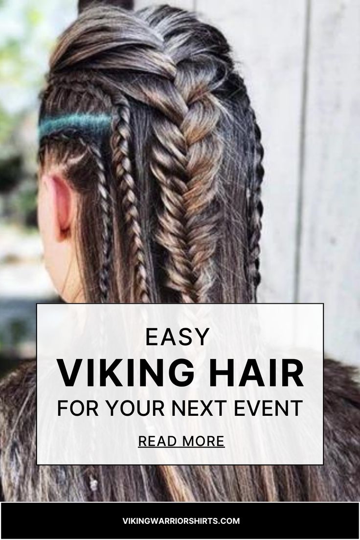 Woman with intricately braided Viking hairstyle, overlaid with text 'Easy Viking Hair for Your Next Event - Read More'. Viking Women Accessories, Viking Half Up Hair, Viking Witch Hair, Battle Braids Hairstyles, Viking Womens Hairstyles, Renn Faire Hairstyles, Girl Viking Hair, Viking Braids Female Tutorial, Barbarian Hairstyles