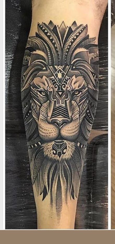 a man's leg with a lion tattoo on it and an image of his legs