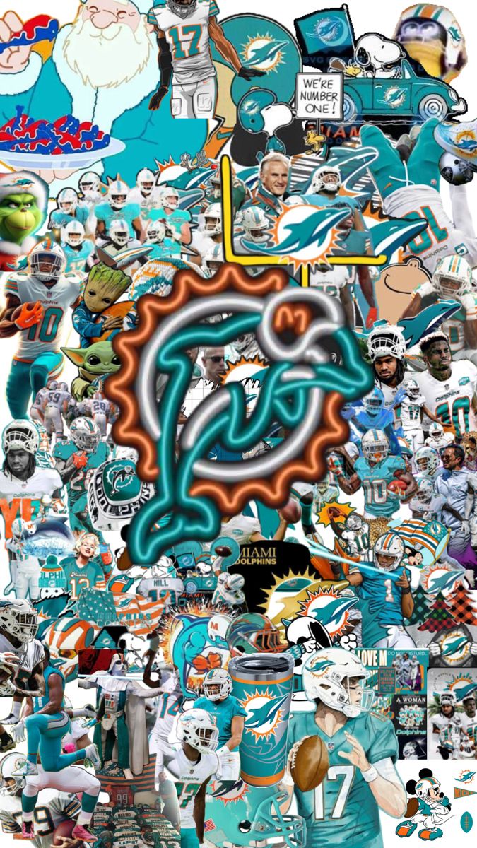 a collage of the miami dolphins and other sports team's logos, all in different colors