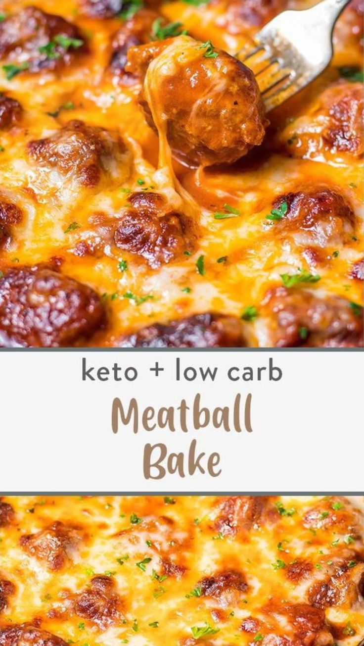 keto and low carb meatball bake in a pan with a spoon