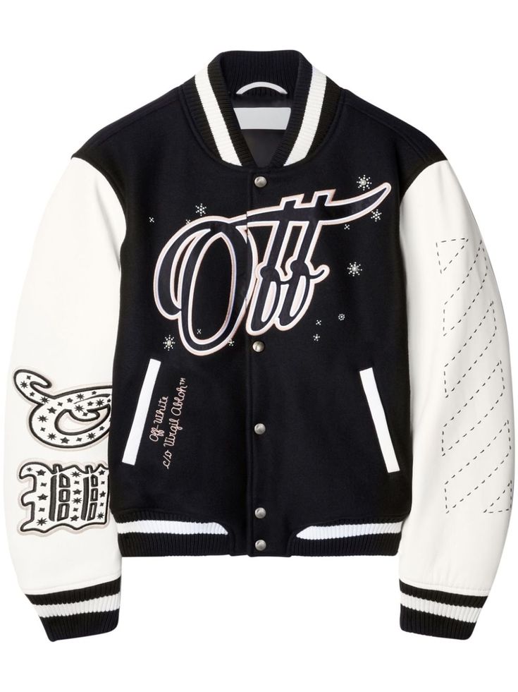 Shop Off-White Wo Bling Stars varsity jacket Off White Jacket, Pearl Embellishment, Estilo Boho, Black And White Colour, Dolce & Gabbana, Casual Jacket, Outerwear Women, Stripe Print, Logo Embroidered