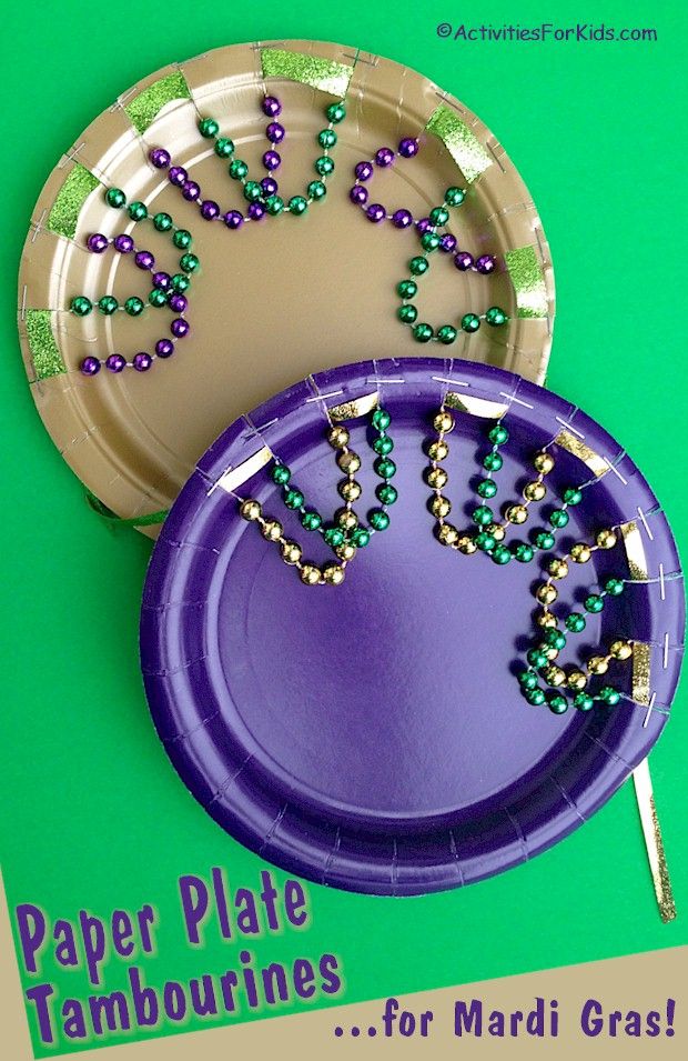 paper plate tambourines for mardi gras on a green and white background