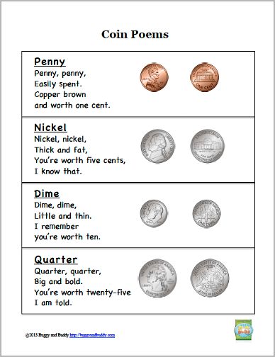 coin poem worksheet for kids to learn counting coins with pictures and words on them